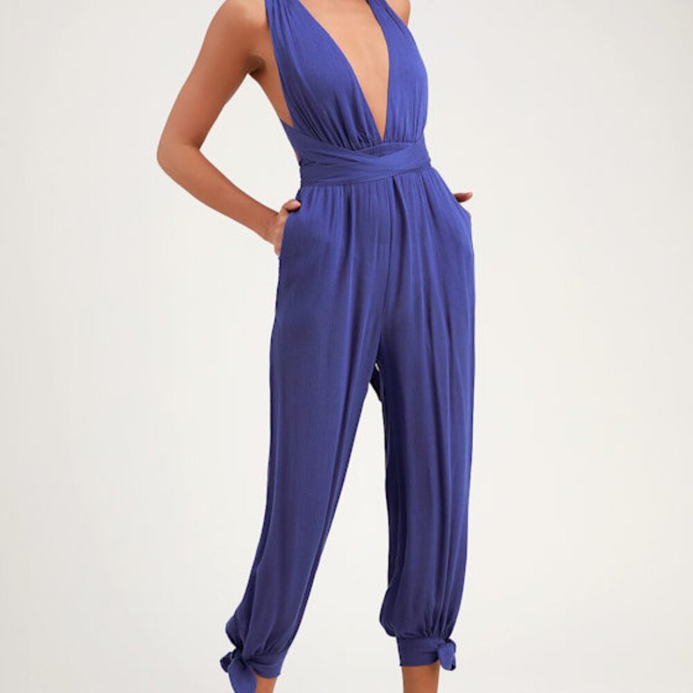 Lulus Lolinda Periwinkle Blue Halter Jumpsuit - Size M
